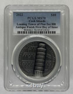 2022 PCGS MS70 2oz. Silver, PCGS MS70, Cook Island, FDOI, Leaning Tower of Piza