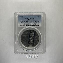 2022 PCGS MS70 2oz. Silver, PCGS MS70, Cook Island, FDOI, Leaning Tower of Piza