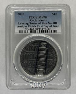 2022 PCGS MS70 2oz. Silver, PCGS MS70, Cook Island, FDOI, Leaning Tower of Piza