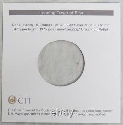 2022 SILVER COOK ISLANDS $10 LEANING TOWER OF PISA 2oz ANTIQUED COIN BOX COA