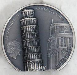 2022 SILVER COOK ISLANDS $10 LEANING TOWER OF PISA 2oz ANTIQUED COIN BOX COA
