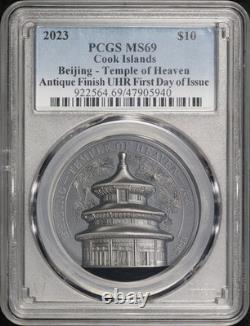 2023 Cook Islands $10 UHR Beijing Temple of Heaven 2oz Antique PCGS MS-69 FDOI