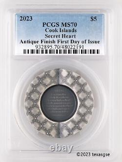 2023 Cook Islands $5 1oz Silver Secret Heart Antique Finish PCGS MS70