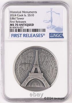 2024 $10 Cook Islands Eiffel Tower 2 oz Silver Antique NGC MS70 First Release