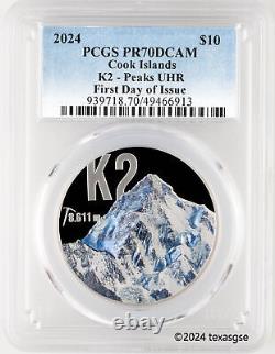 2024 Cook Islands $10 Peaks K2 Silver 2oz Coin PCGS PR70 First Day of Issue