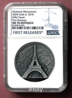 2024 Cook Islands EIFFEL TOWER, NGC MS70, 2 oz. Silver Antique Coin-First Releas