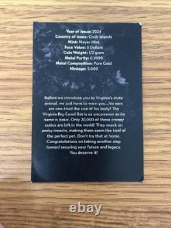 2024 Cook Islands G$5 Virginia- Big Eared Bat PF 70 ULTRA CAMEO. 5 G