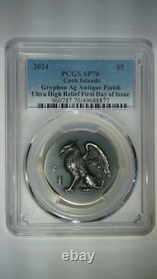 2024 Cook Islands Gryphon Antiqued 1 oz silver coin PCGS SP70 FDOI