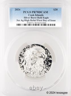 2024 Cook Islands Silver 3oz $20 Burst Bald Eagle PCGS PR70 First Day Issue