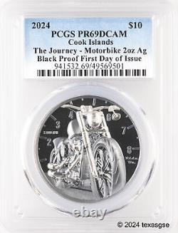 2024 Cook Islands The Journey Motorbike 2 oz Silver Black Proof Coin PCGS PR69