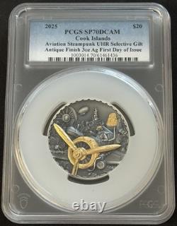 2025 3 Oz. 9999 Silver Cook Islands $20 Steampunk Aviation PCGS SP70 First Day