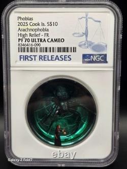 2025 Cook Is. $ 10 Arachnophobia High Relief FR PF 70 ULTRA CAMEO 2 Oz Silver