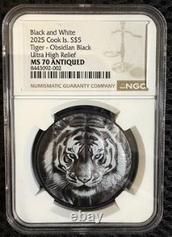 2025 Cook Islands 1oz Silver $5 Nature Kings B&W Tiger Black Proof NGC PF70