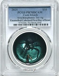 2025 Cook Islands 2oz Silver Colorized Arachnophobia Pcgs Pr70 First Day Issue