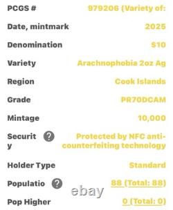 2025 Cook Islands 2oz Silver Colorized Arachnophobia Pcgs Pr70 First Day Issue