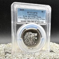 2025 Cook Islands $5 PCGS SP70 Leon. 999 Silver Coin Antique Finish 1 of 50 Mint