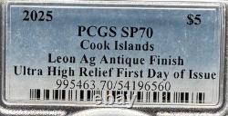 2025 Cook Islands $5 PCGS SP70 Leon. 999 Silver Coin Antique Finish 1 of 50 Mint
