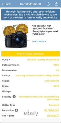 2025 Cook Islands $5 PCGS SP70 Leon. 999 Silver Coin Antique Finish 1 of 50 Mint