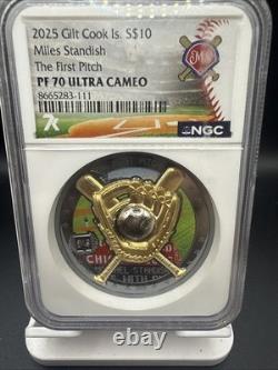 2025 Cook Islands S$10 Gilt Miles Standish The First Pitch HR 2 Oz NGC PF70 UC