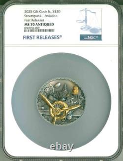 2025 Cook Islands S$20 Gilt Steampunk Aviation FR UHR 3 oz NGC MS70 Antiqued OGP 2025 Cook Islands S$20 Gilt Steampunk Aviation FR UHR 3 oz NGC MS70 Antiqued OGP