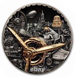 2025 Cook Islands S$20 Gilt Steampunk Aviation FR UHR 3 oz NGC MS70 Antiqued OGP