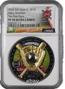 2025 Cook Islands The First Pitch 2 Oz Silver Gilt Color NGC PF70 UC Miles Stand 2025 Cook Islands The First Pitch 2 Oz Silver Gilt Color NGC PF70 UC Miles Stand