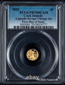 2026 Cook Islands 0.5g $5 Gold Legends Savage Vikings PCGS PR70 First Day