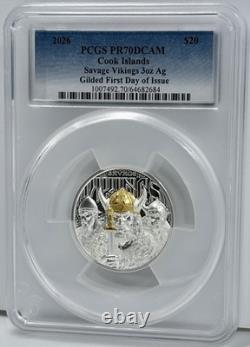 2026 Cook Islands 3 Oz Silver Coin $20 Gilt Silver Savage Vikings PCGS PR70 FDOI