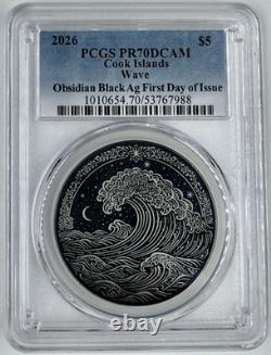 2026 Cook Islands $5 1 Oz Silver Obsidian Black Wave PCGS PR70 FDOI Black Proof