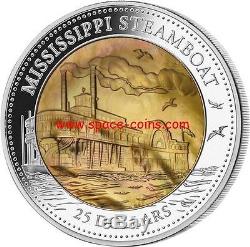 $25 Cook Islands, 2014, MISSISSIPPI STEAMBOAT, Mother Of Pearl, 5 Oz Silver Coin