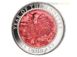 25 $ Dollar Lunar Rooster Hahn Mother of Pearl Cook Islands 5 oz Silber 2017 PP