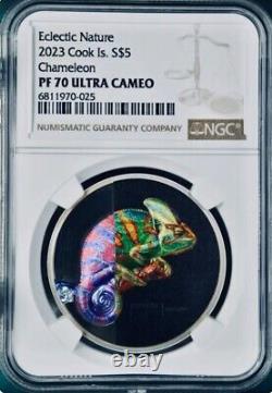 3 Cook Islands Eclectic Nature Coins, Chameleon, Fish, Roller. 999 NGC Ultra Cam