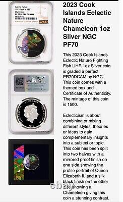 3 Cook Islands Eclectic Nature Coins, Chameleon, Fish, Roller. 999 NGC Ultra Cam