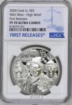 3 Wild West 2024 Coins Cook Islands 1oz, 3oz Silver & 50g Copper FR NGC PF70 UC