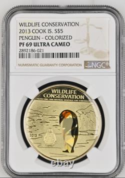 5 Dollars 2013 Cook Islands Wildlife Conservation Penguin Silver Proof Ngc Pf69