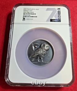 5 Ounce Silver Athena's Owl 2021 Cook Islands MS70 Antiqued NGC High Relief