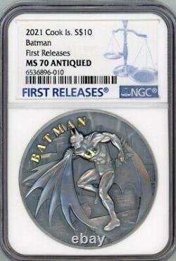 BATMAN DC COMICS 2021Cook Islands 2oz Silver High Relief Gilded Coin $10 NGC 70