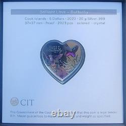 BUTTERFLY Brilliant Love Heart Silver Coin 5$ Cook Islands 2023