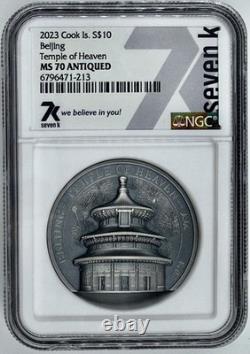 Beijing Temple Of Heaven 2023 $10 Cook Islands 2 Oz Silver NGC MS 70 Antiqued
