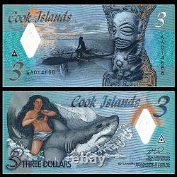 Bundle 100 PCS, Cook Islands 3 Dollars, 2021, P-New3, Prefix AA, UNC
