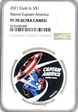 CAPTAIN AMERICA 80th Ann, Marvel 1 Oz Silver Coin 1$ Cook Islands 2021 NGC 70