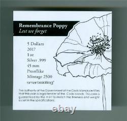 COOK ISLANDS 2017 Remembrance Poppy $5 COLORIZED 1 OZ. 999 SILVER PCGS PL-69