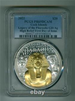COOK ISLANDS 2022 $20 LEGACY OF THE PHARAOHS 3 OZ. Gilt SILVER HR PCGS PR-69DC