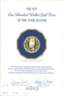 Cook Islands $100 1979 TANGAROA HEAD Gem Pf gold in sealed Franklin Mint cachet