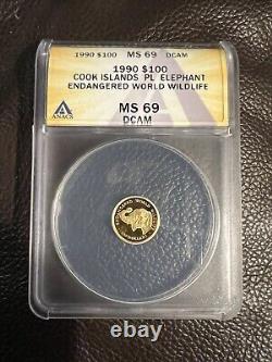 Cook Islands $100.999 Pure Gold 1990 Cameo Proof Coin Elephant Ms69 Dcam