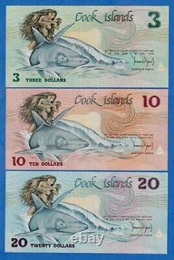 Cook Islands 1987 Matching Low Serial Set $3, $10, $20 P3a-5a, UNC Banknotes Shark