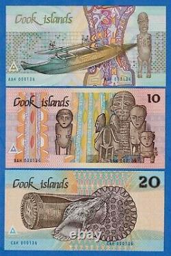 Cook Islands 1987 Matching Low Serial Set $3, $10, $20 P3a-5a, UNC Banknotes Shark