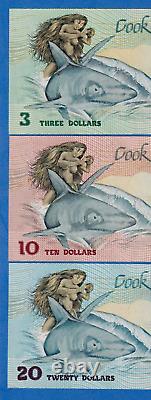 Cook Islands 1987 Matching Low Serial Set $3, $10, $20 P3a-5a, UNC Banknotes Shark