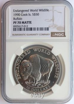 Cook Islands 1990 Silver $50. Endangered Wildlife. Buffalo. Ngc-pf70 Matte