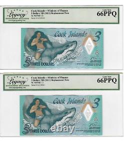 Cook Islands 2 Consecutive 1992 $3 Notes & 2 Consecutive 2021 Replacements 66PPQ